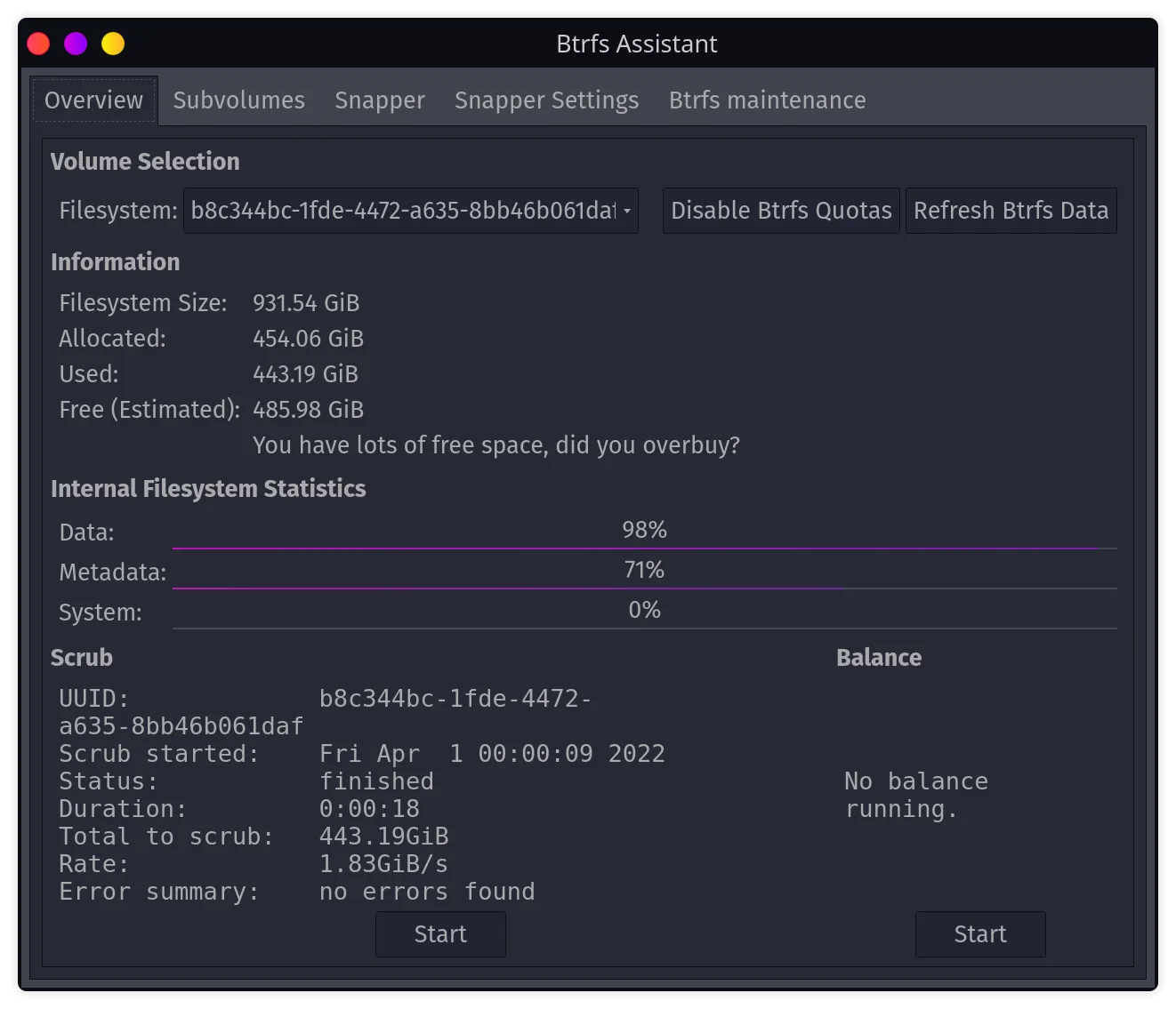 Btrfs Assistant main window
