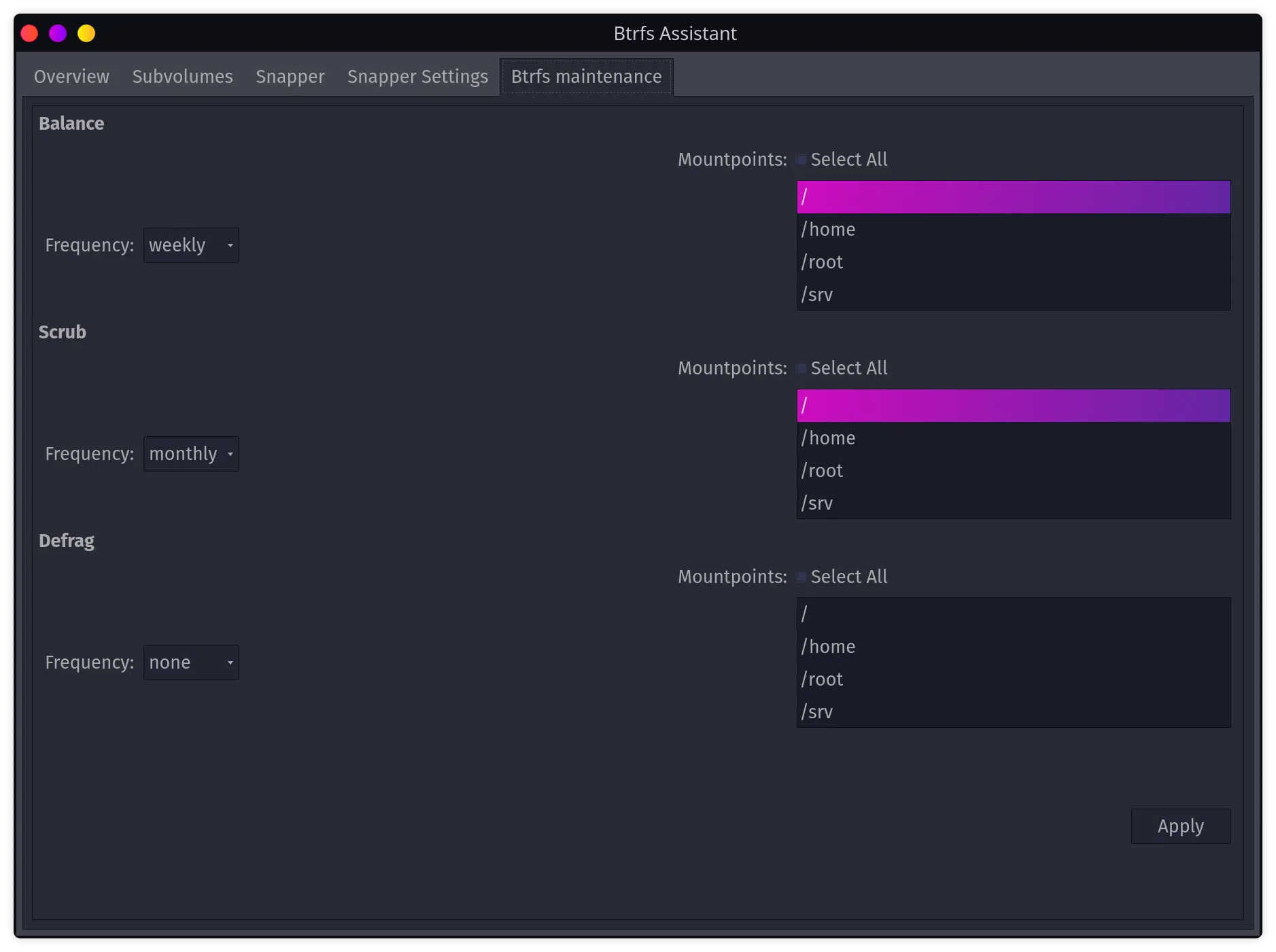 Btrfs Assistant maintenance