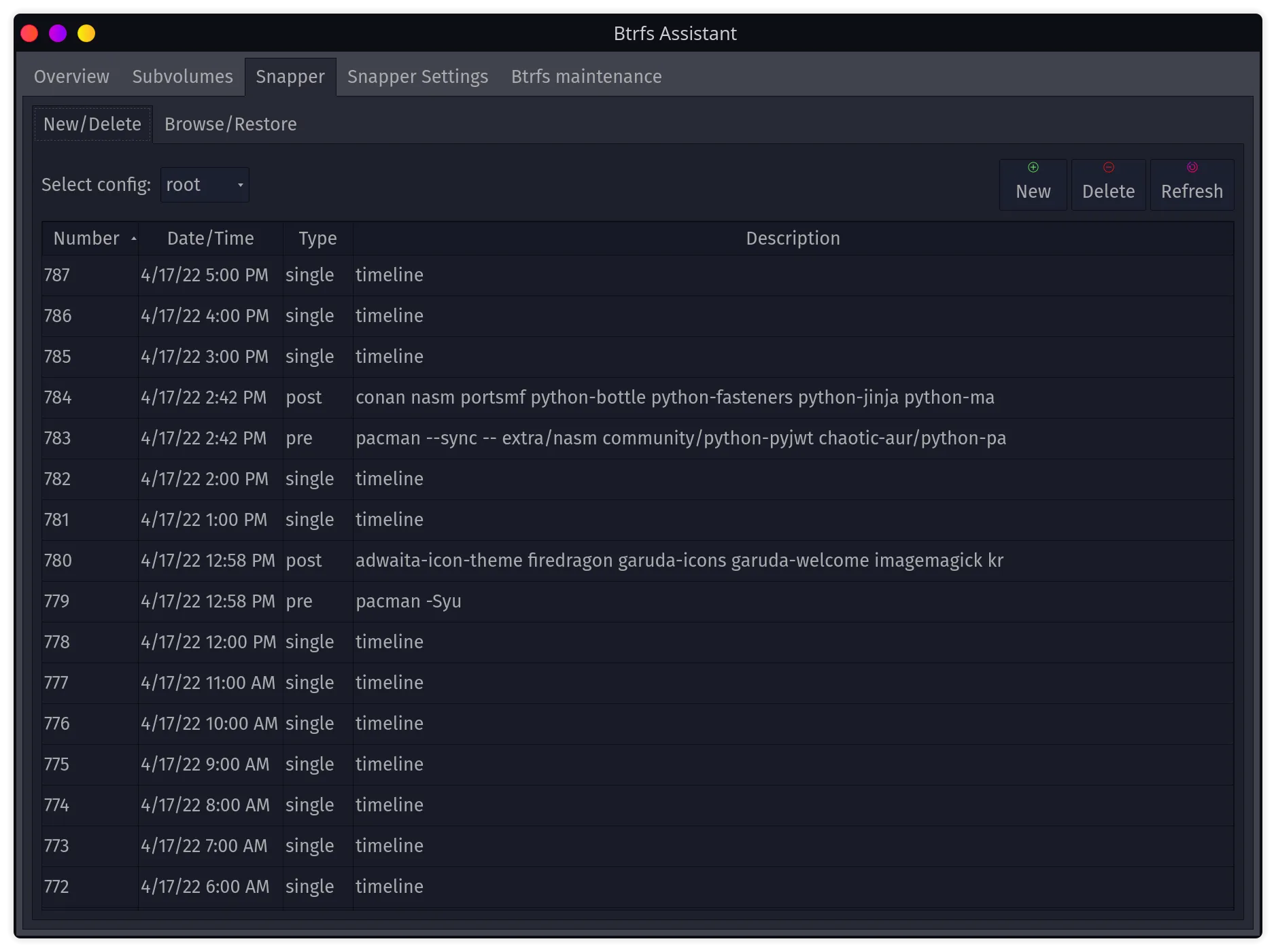 Btrfs Assistant restore dialog