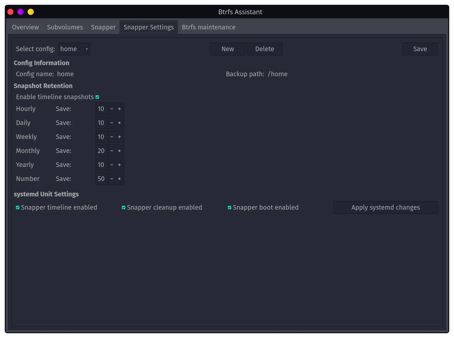 Btrfs Assistant settings