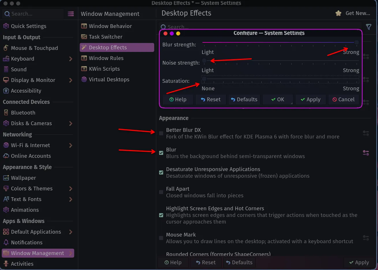 Desktop Effects with Blur enabled and its settings