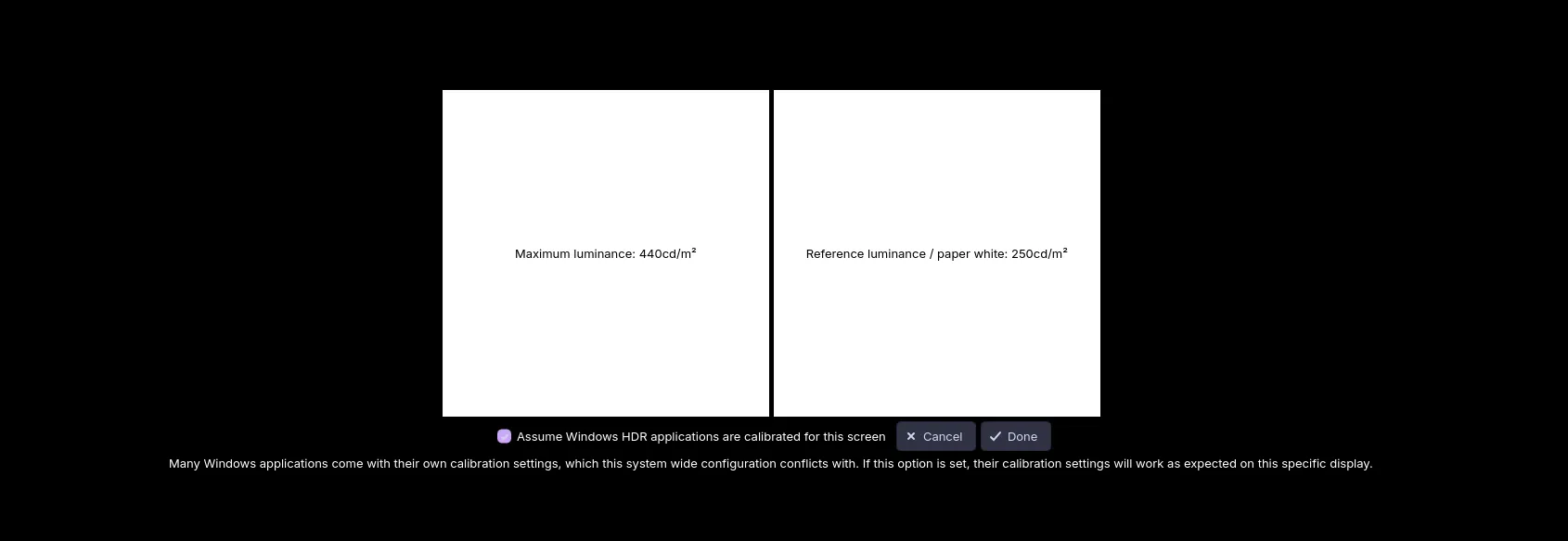 HDR calibration summary with luminance values