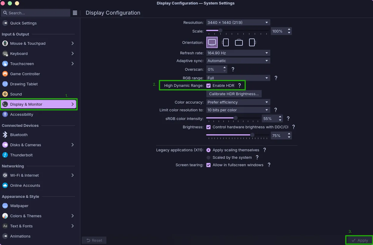 KDE display settings with Enable HDR checked