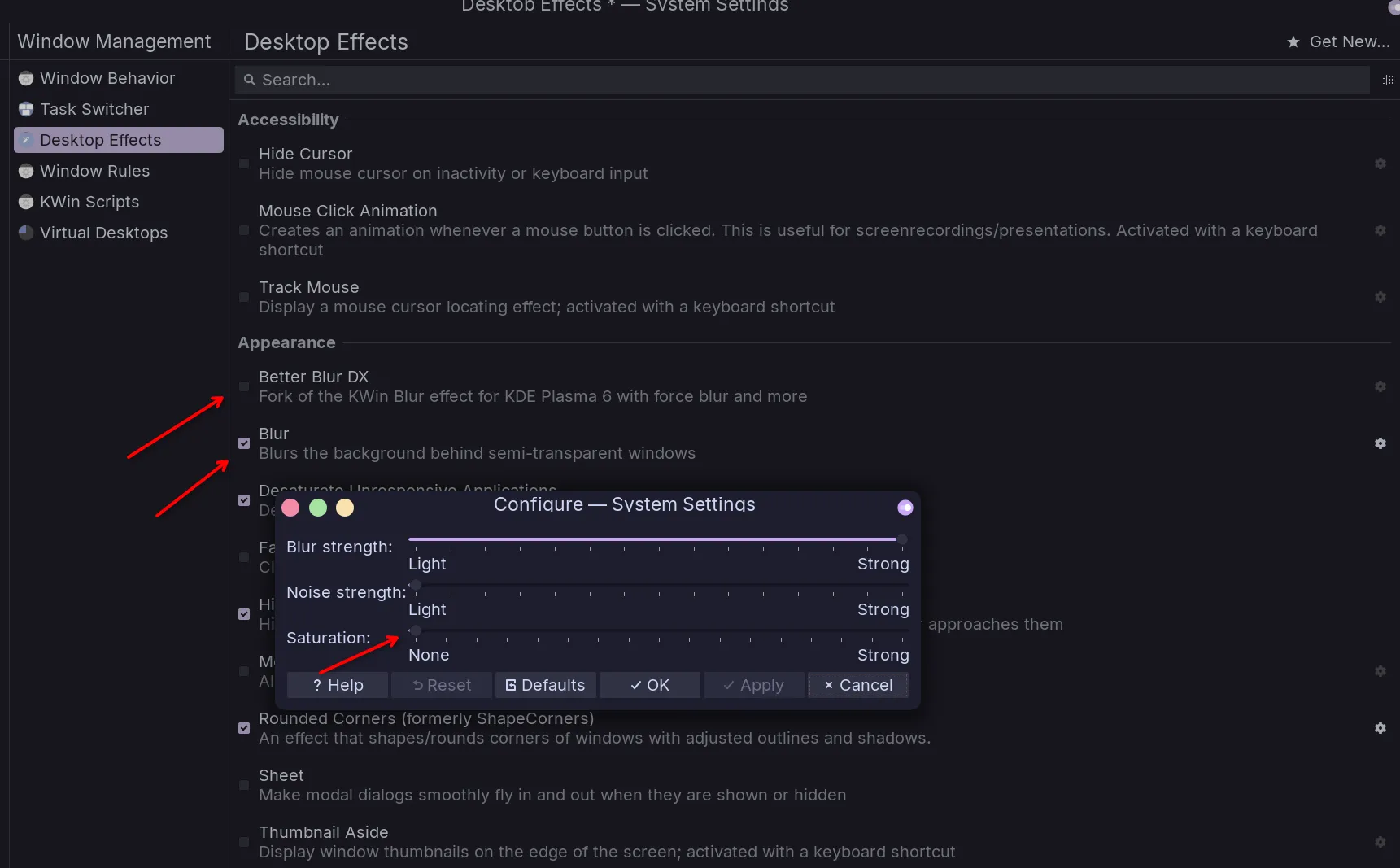 Desktop Effects with Blur enabled and its settings