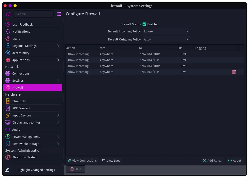 Firewall settings in KDE Plasma