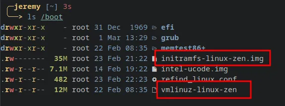 Boot directory listing with kernel and initramfs highlighted