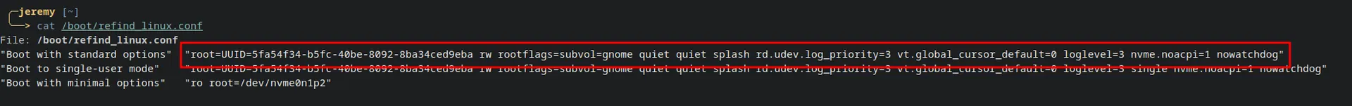 refind_linux.conf with standard boot options highlighted