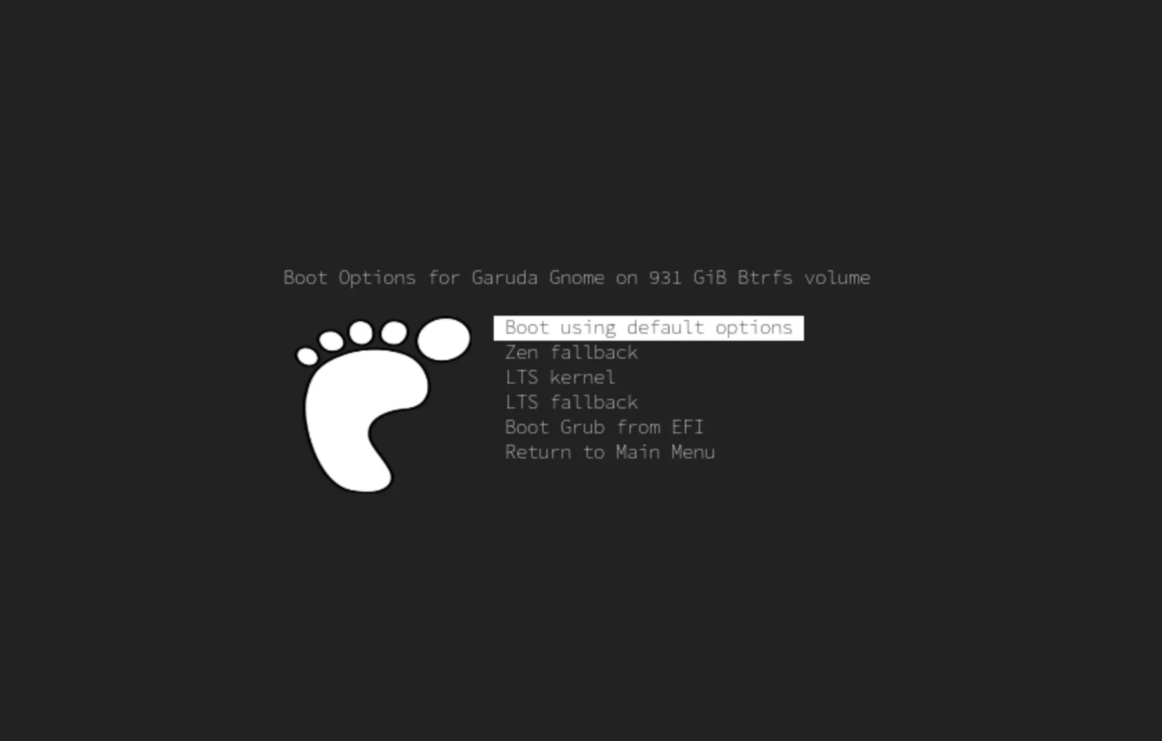 rEFInd submenu with Garuda boot options