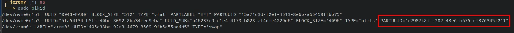 blkid output with Btrfs PARTUUID highlighted