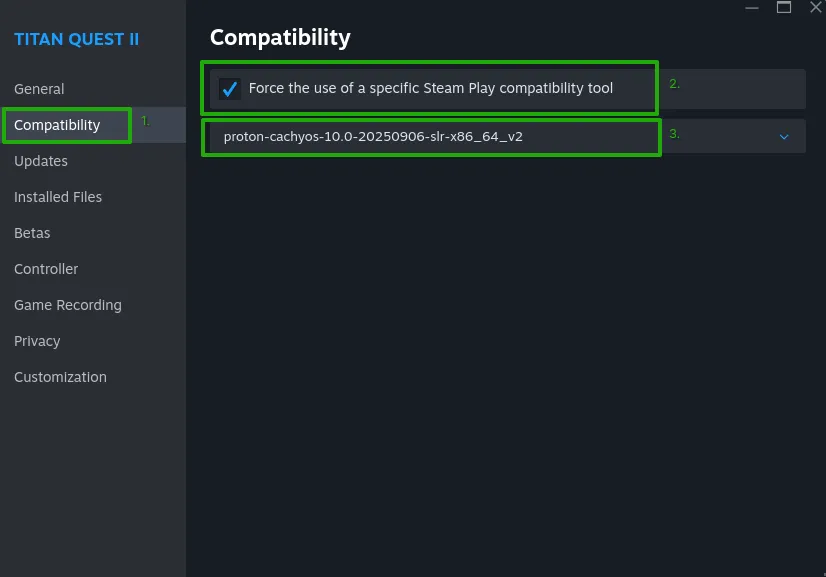 Steam compatibility set to proton-cachyos