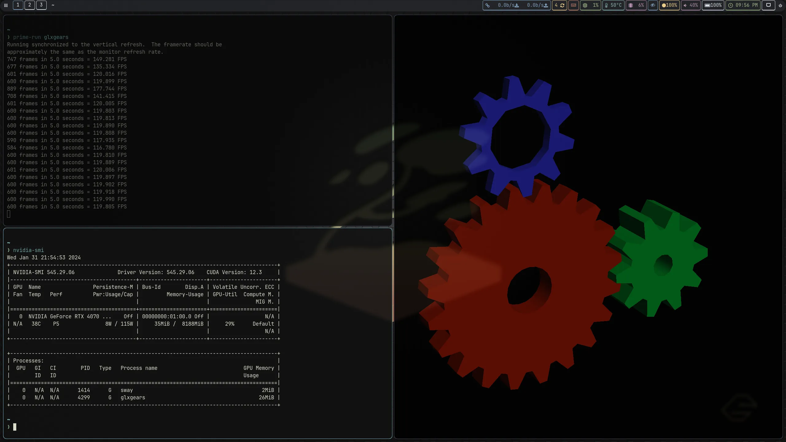 Glxgears and nvidia-smi running on Sway