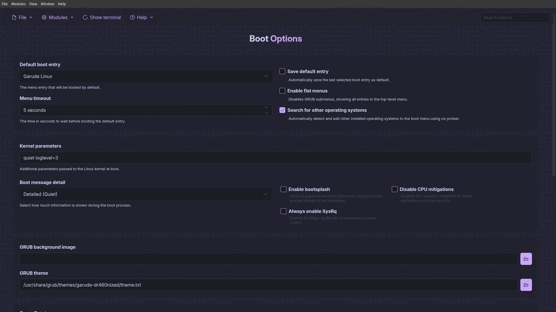 Garuda Toolbox: boot options