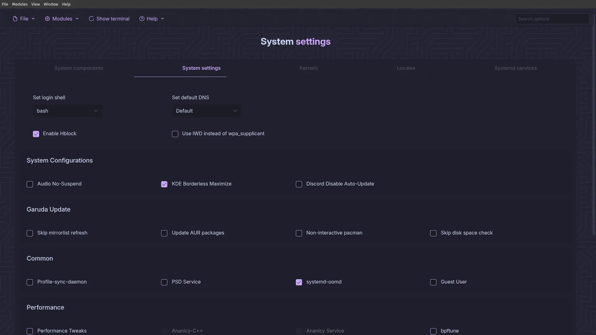 Garuda Toolbox: system settings