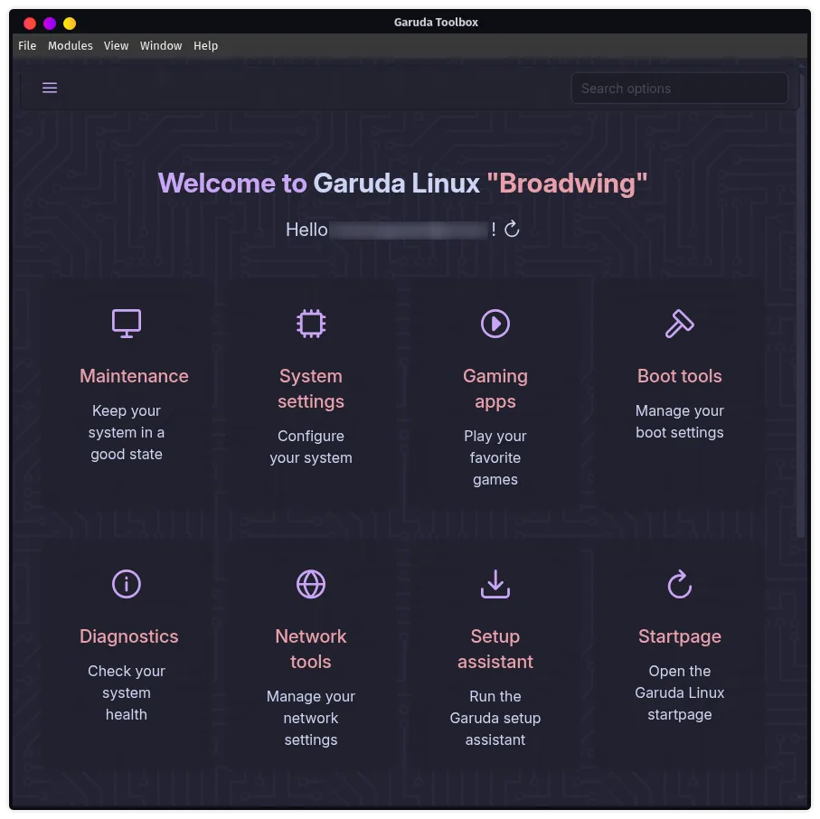 Garuda Linux welcome screen
